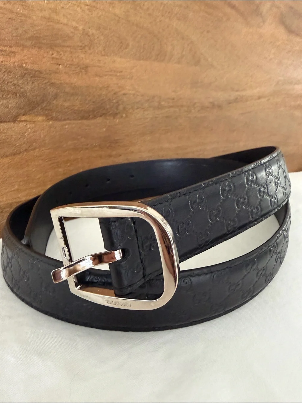 Authentic Gucci Black Embossed GG Leather Belt with Silver Buckle
